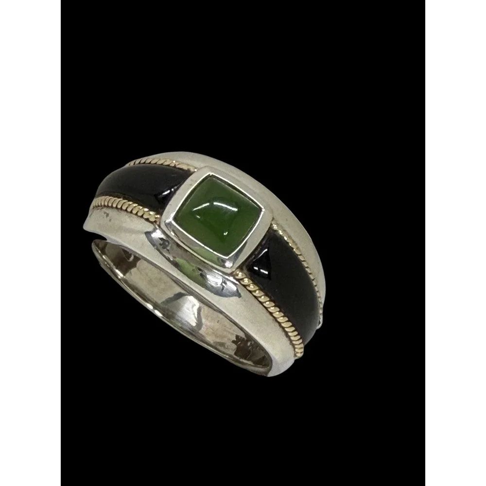 Mens 925 Sterling Silver 14K Gold Green Jade Black Onyx Ring Size 10 7.85g